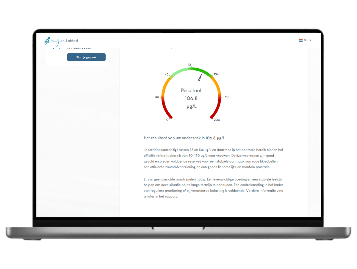 De kleuren indicator laat direct zien hoe jouw ferritine waarde er voor staat.