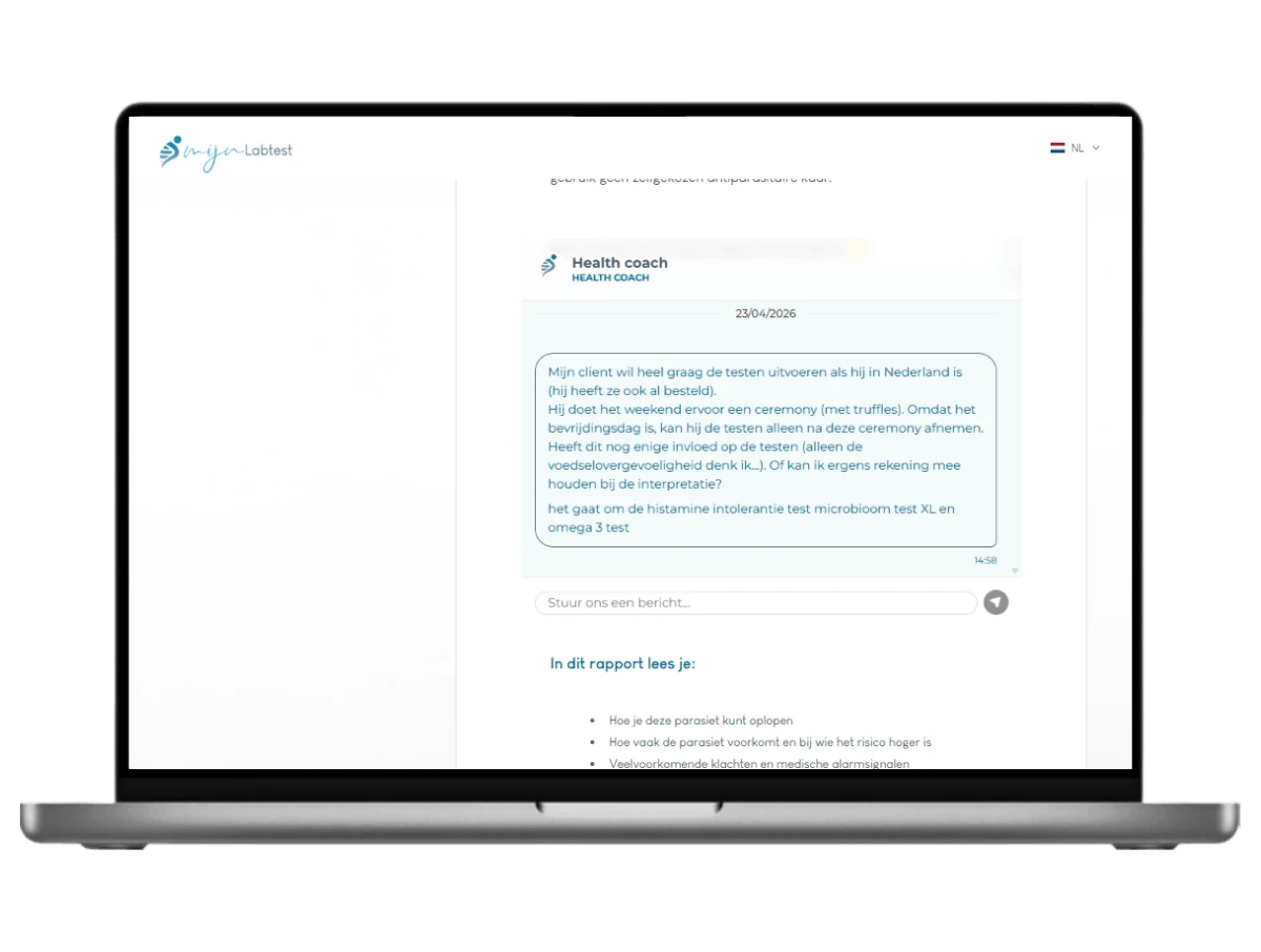 Chat met onze AI health coach over het resultaat van jouw Blastocystis Hominis test
