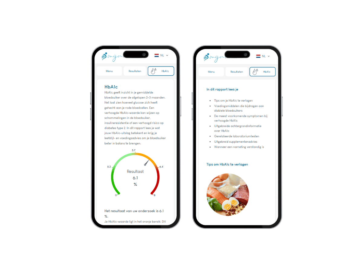 Het resultaat van jouw HbA1c bloedsuiker test op een mobiele telefoon Het resultaat van jouw HbA1c bloedsuiker test op een mobiele telefoon