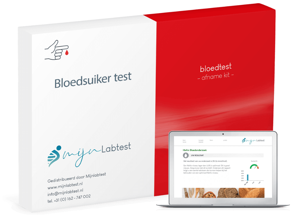 het HbA1c bloedsuiker bloedonderzoek wordt afgenomen met een eenvoudige test kit die we per brievenbuspakketje naar je opsturen