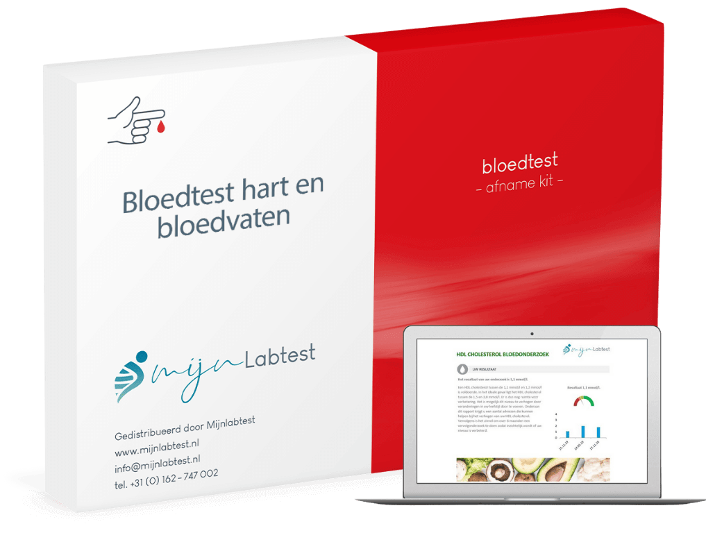 het cardio profiel bloedonderzoek wordt afgenomen met een eenvoudige test kit die we naar je thuisadres opsturen