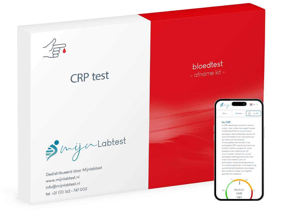 Dit is de CRP test. Je neemt zelf eenvoudig thuis je sample af en je krijgt een uitgebreid laboratorium rapport met leefstijl advies