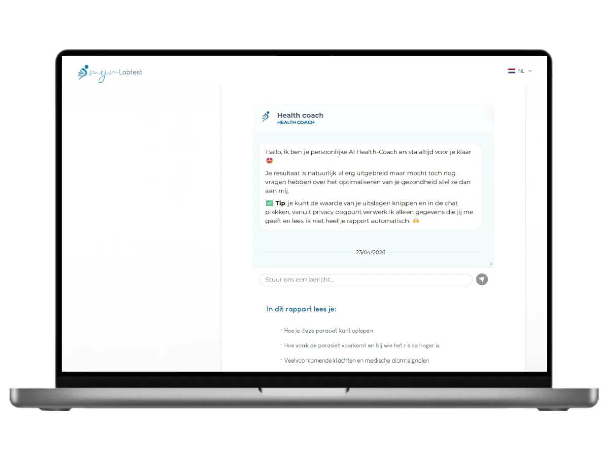 Chat met onze AI health coach als je vragen hebt over het Het resultaat van jouw Entamoeba histolytica test. 