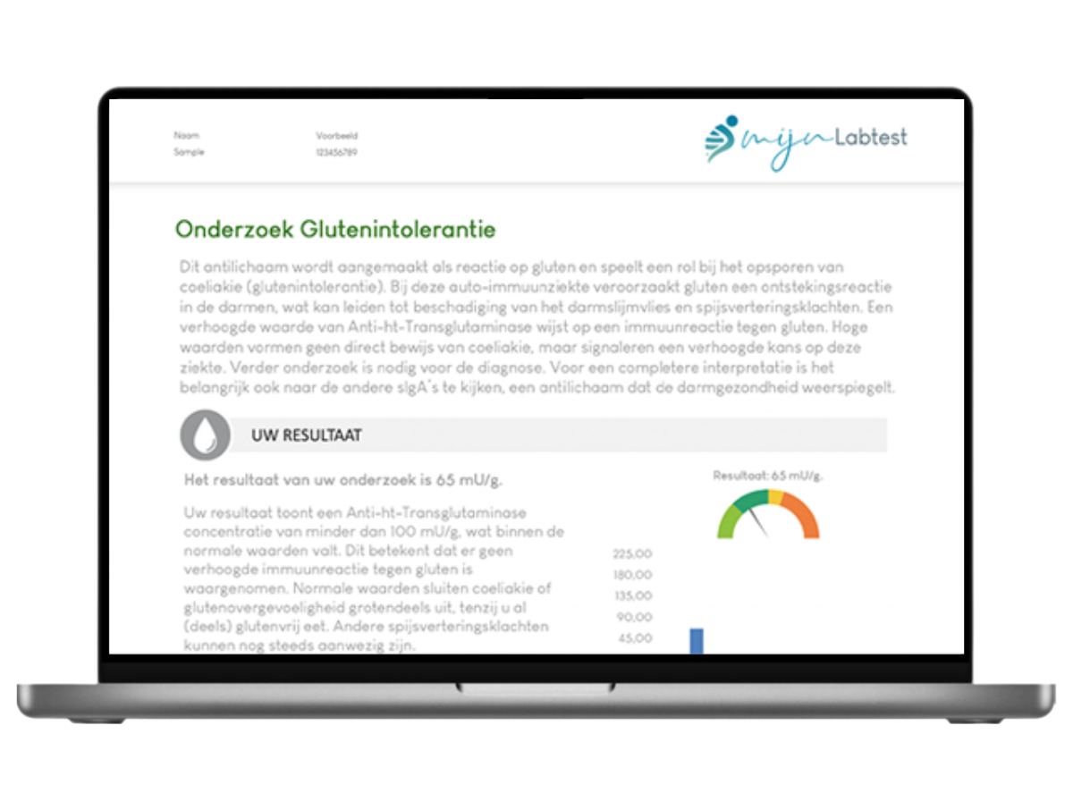 Smartphone met een voorbeeldrapport van de darmtest zelftest voor glutenintolerantie, met testresultaten en analyse.

