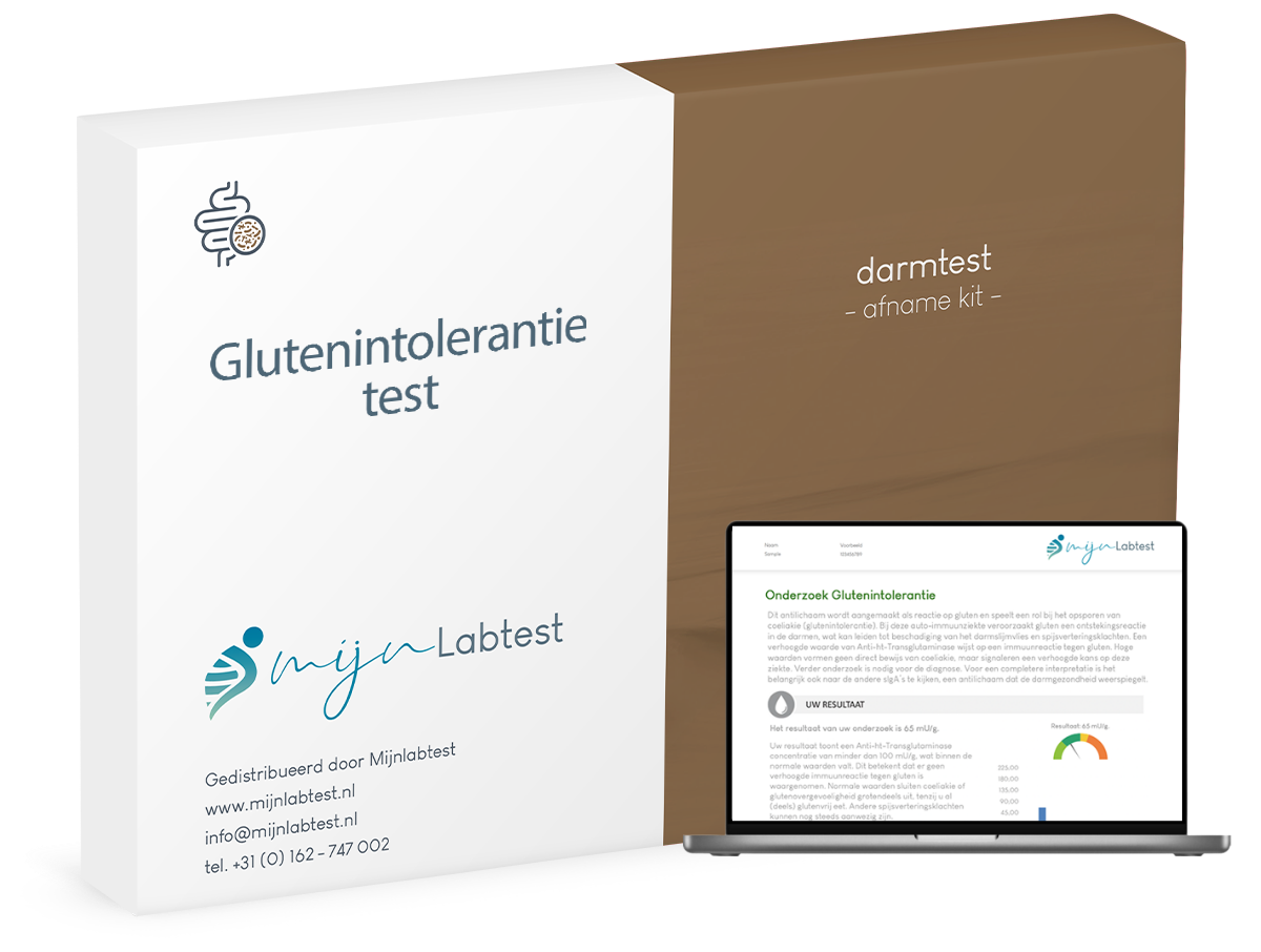 Verpakking van de darmtest zelftest voor glutenintolerantie, een thuistest om glutenintolerantie te detecteren.