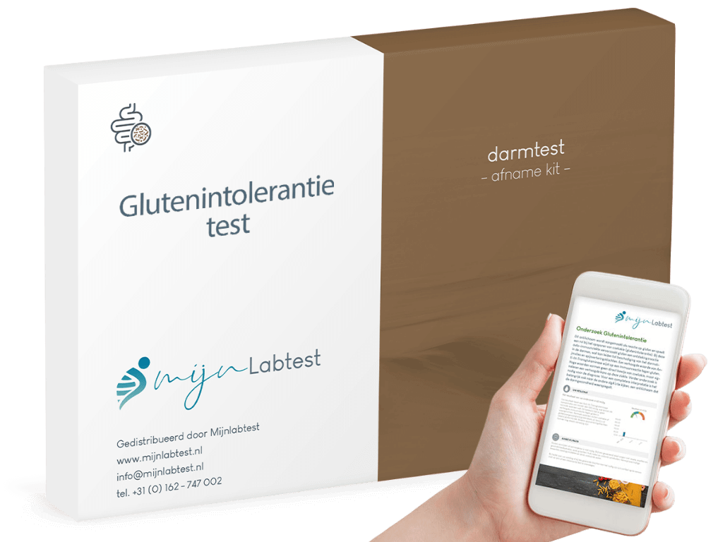 Verpakking van de darmtest zelftest voor glutenintolerantie, een thuistest om glutenintolerantie te detecteren.