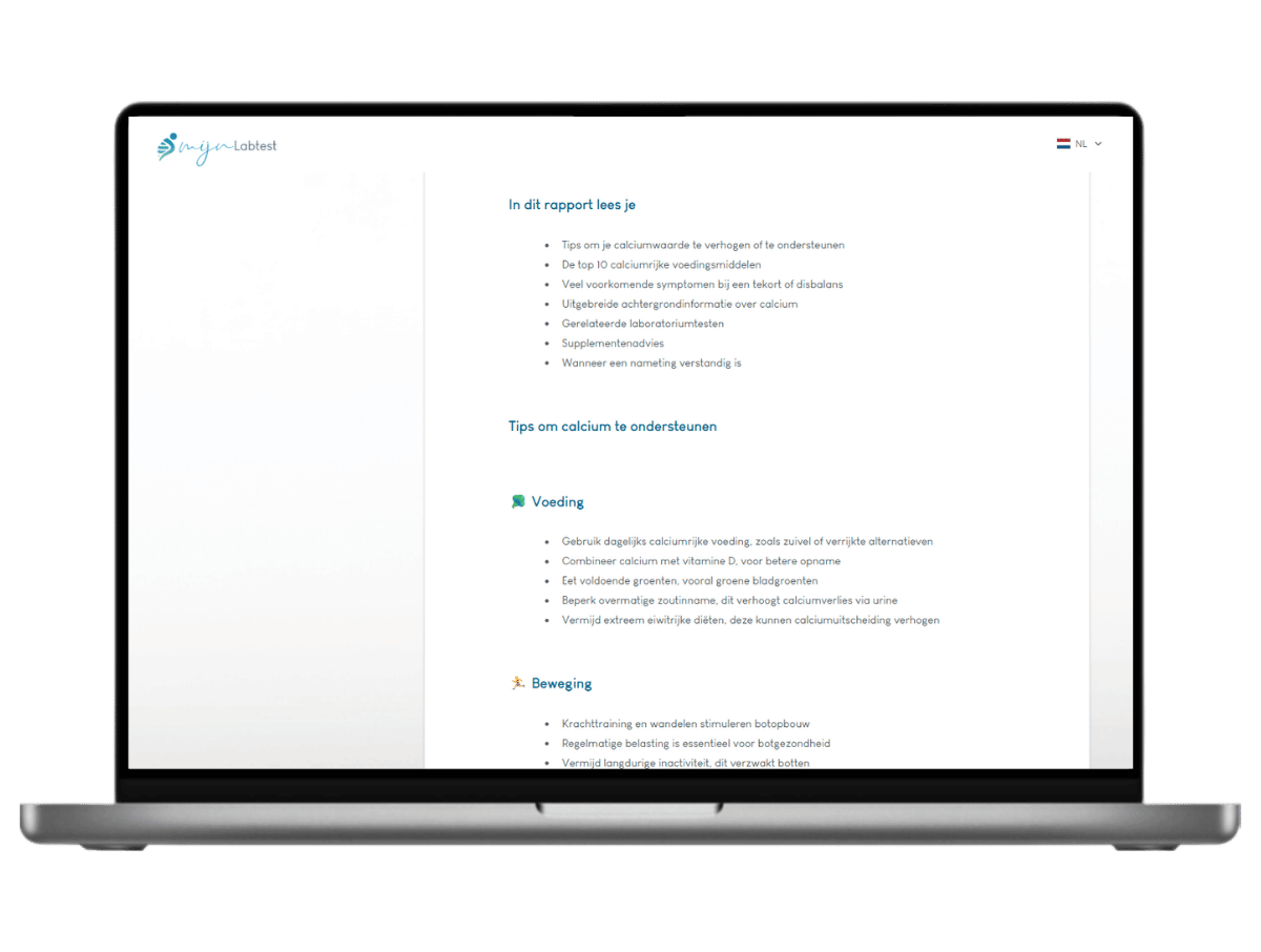 Zo ziet het resultaat van jouw Mineralen uitslag er uit. Het is het meest complete rapport met AI integratie en leefstijl advies.