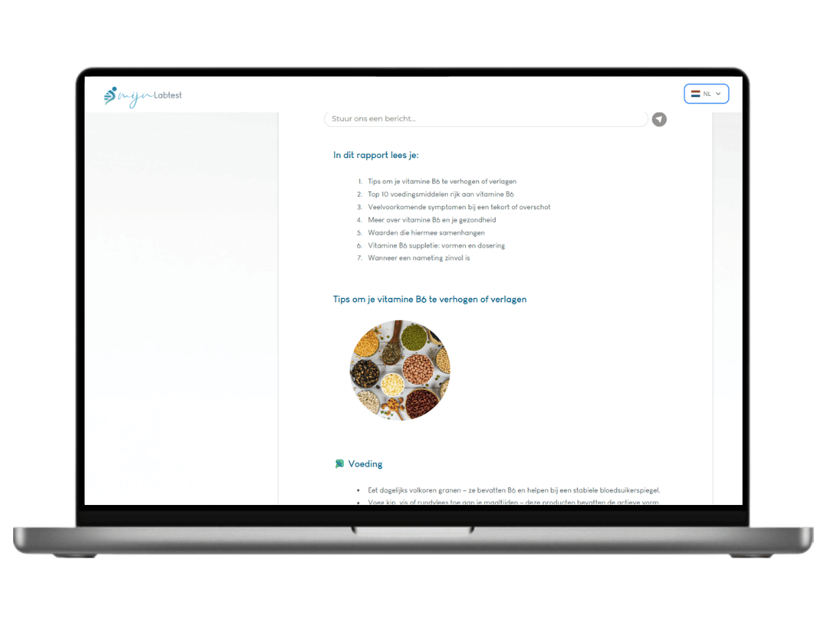 Zo ziet het resultaat van jouw Vitamine B6 resultaat er uit. Het is het meest complete rapport met AI integratie en leefstijl advies.