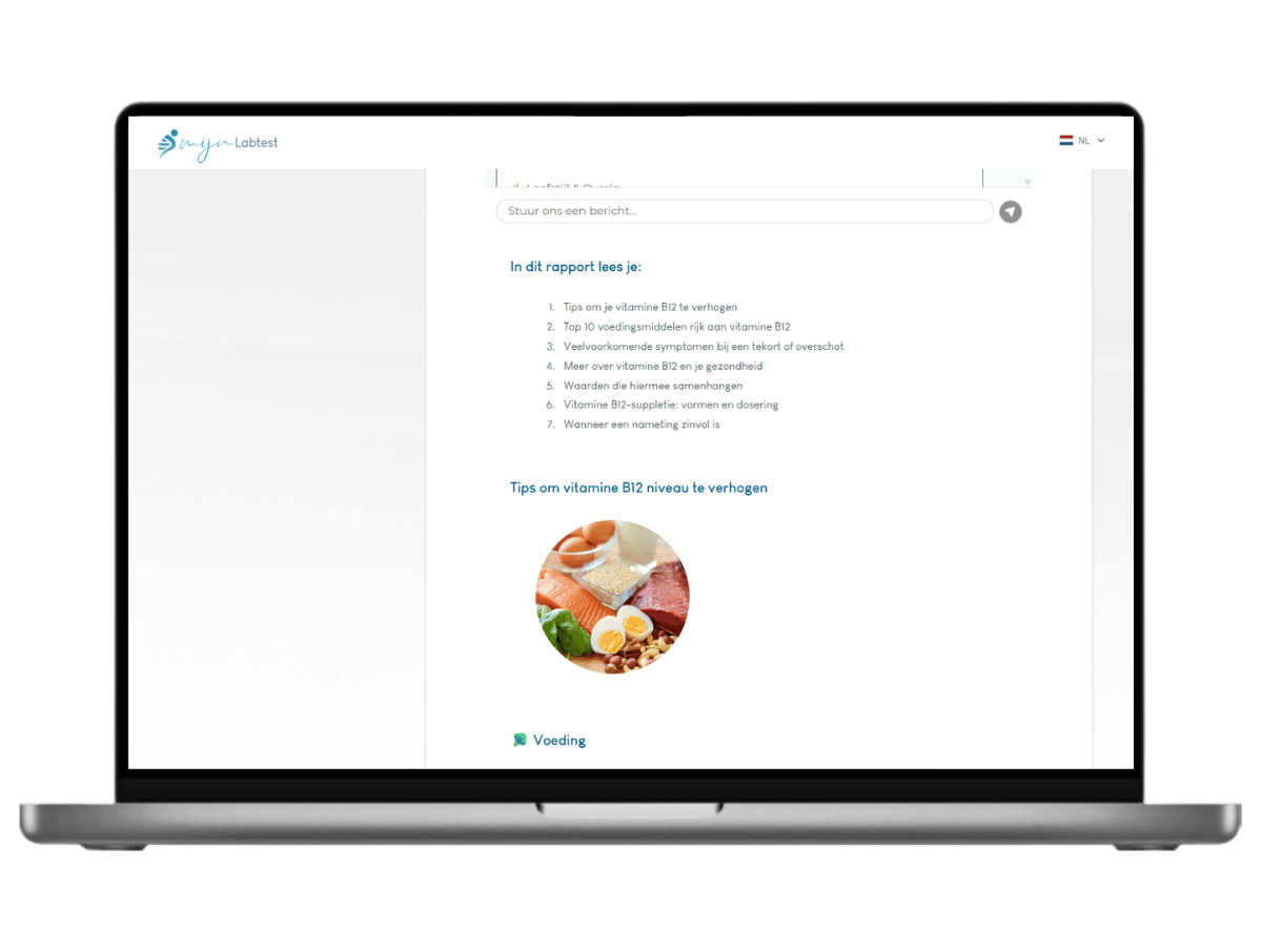 Zo ziet het resultaat van jouw Vitamine B12 tekort er uit. Het is het meest complete rapport met AI integratie en leefstijl advies.
