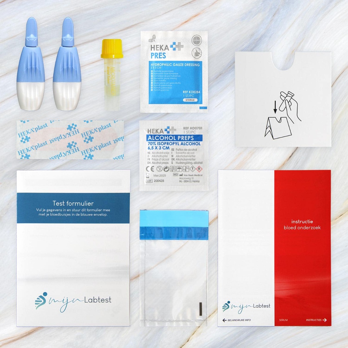 De testkit bevat alle materialen om je LH te testen.