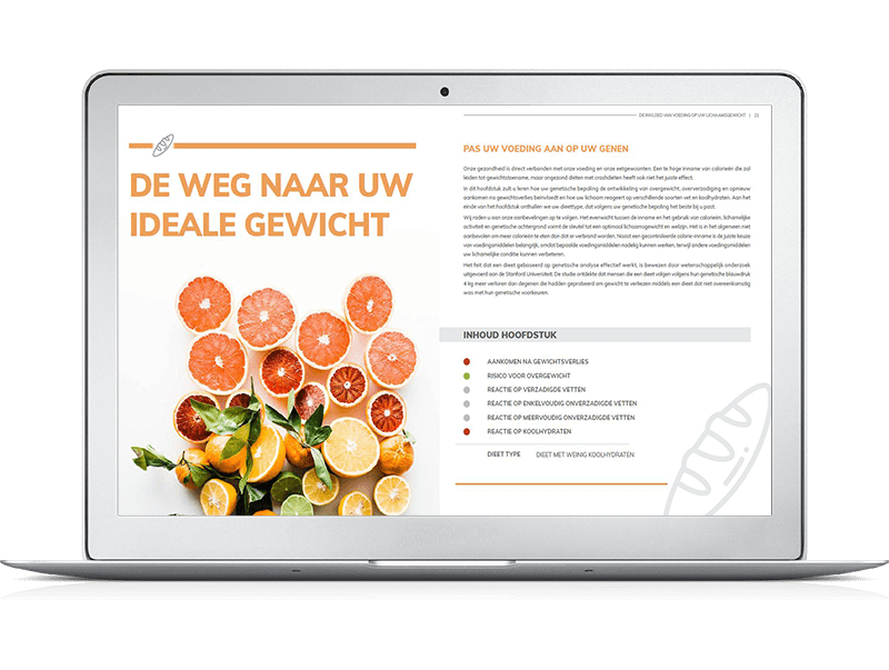 In de uitslag van de Nutri-Gene Pro vind je de uitslag en de aanbevelingen per hoofdstuk uitgelicht 