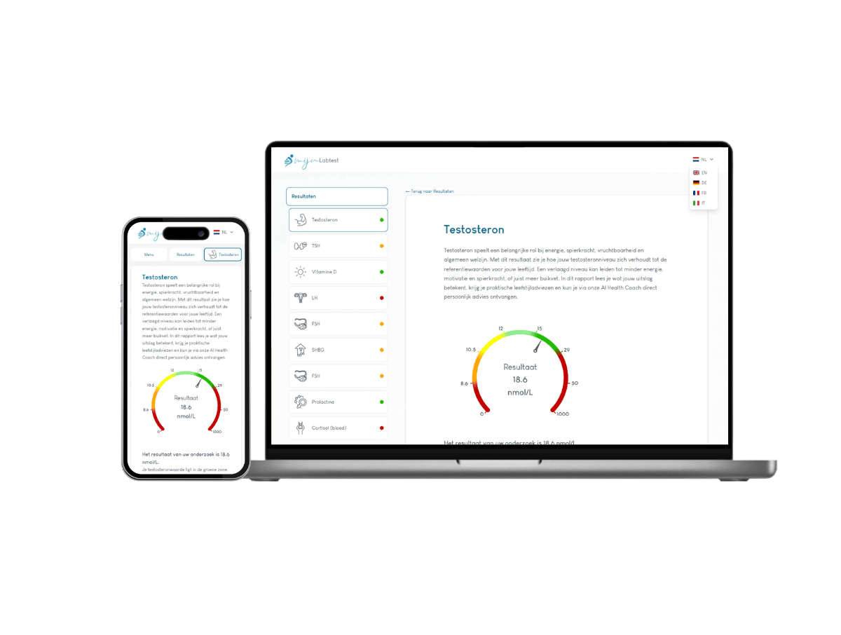 Zo ziet het resultaat van jouw Hormoon test man er uit. Het meest complete rapport met AI integratie en leefstijl advies. Zo ziet het resultaat van jouw Hormoon test man er uit. Het meest complete rapport met AI integratie en leefstijl advies.