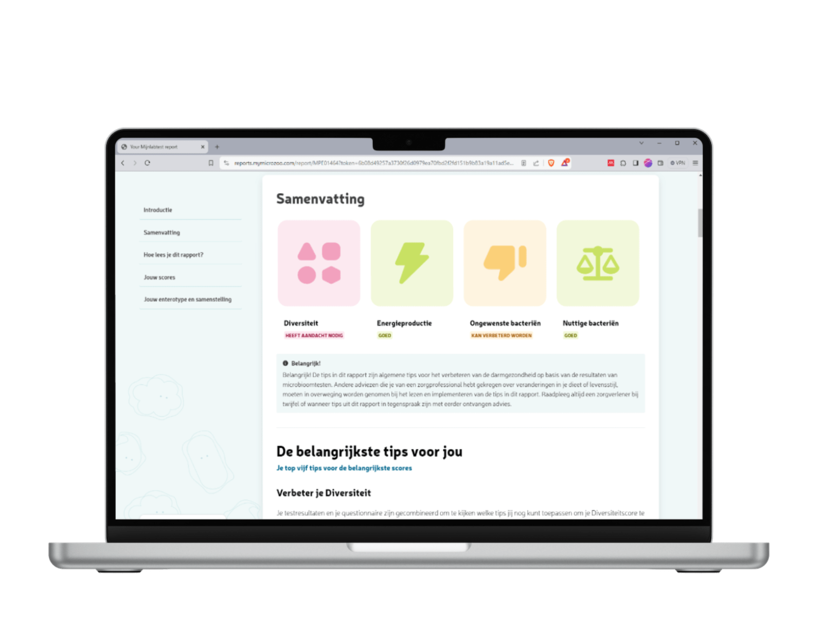 Het resultaat van je microbioom test ziet er zo uit.
