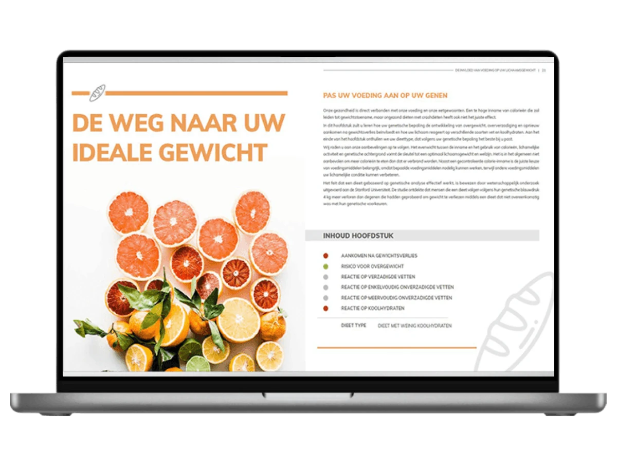 In de uitslag van de Nutri-Gene Pro vind je de uitslag en de aanbevelingen per hoofdstuk uitgelicht 