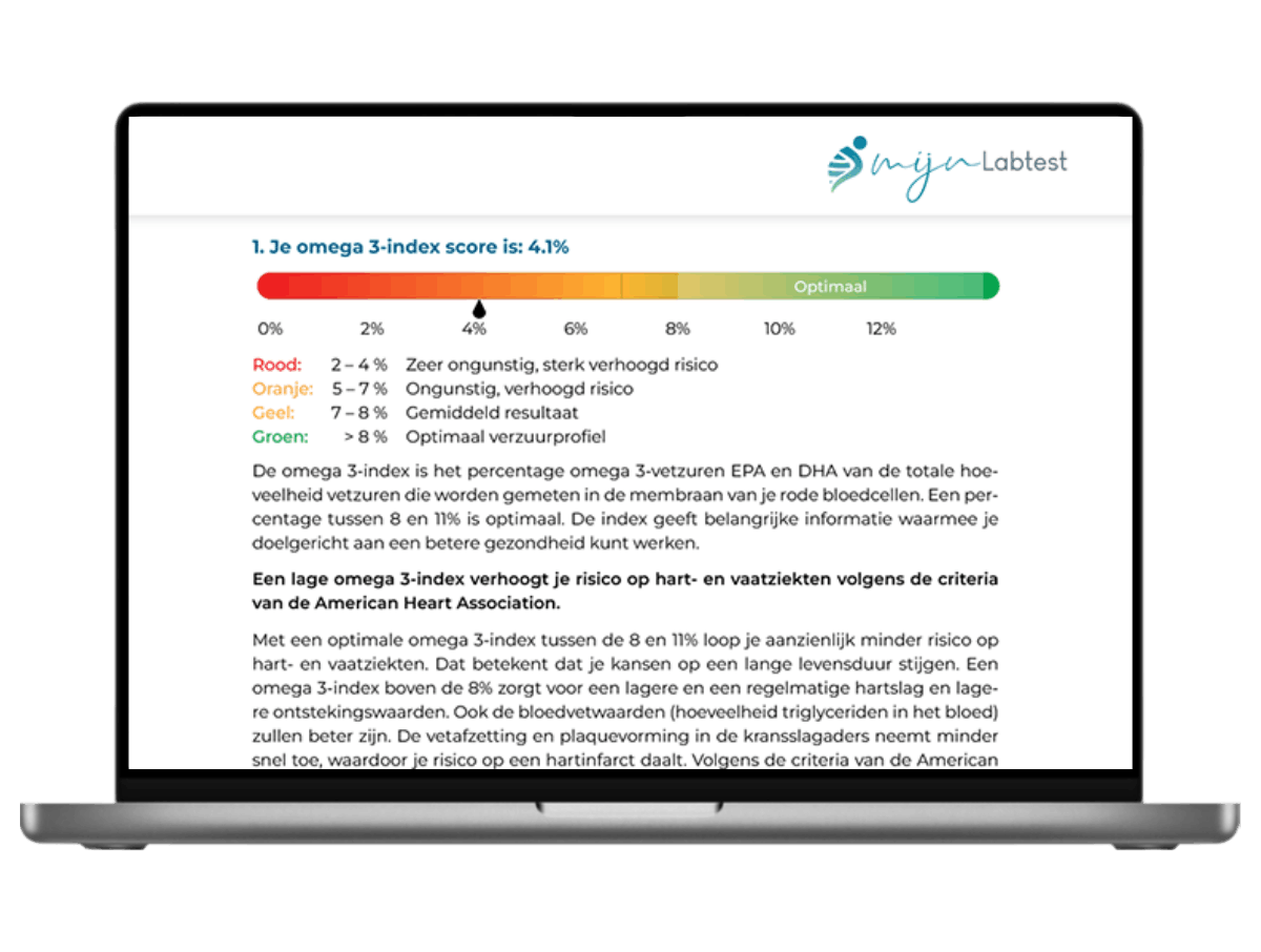 Zo wordt het resultaat van je omega 3 index test weergegeven
Zo wordt het resultaat van je omega 3 index test weergegeven