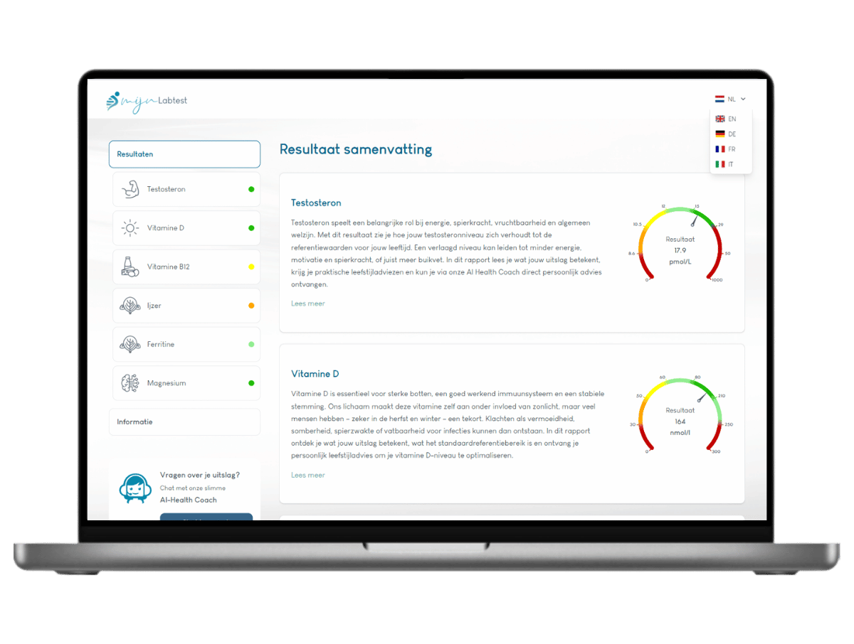 Het resultaat van jouw sporters bloedtest. Het is het meest complete rapport met AI integratie en leefstijl advies.