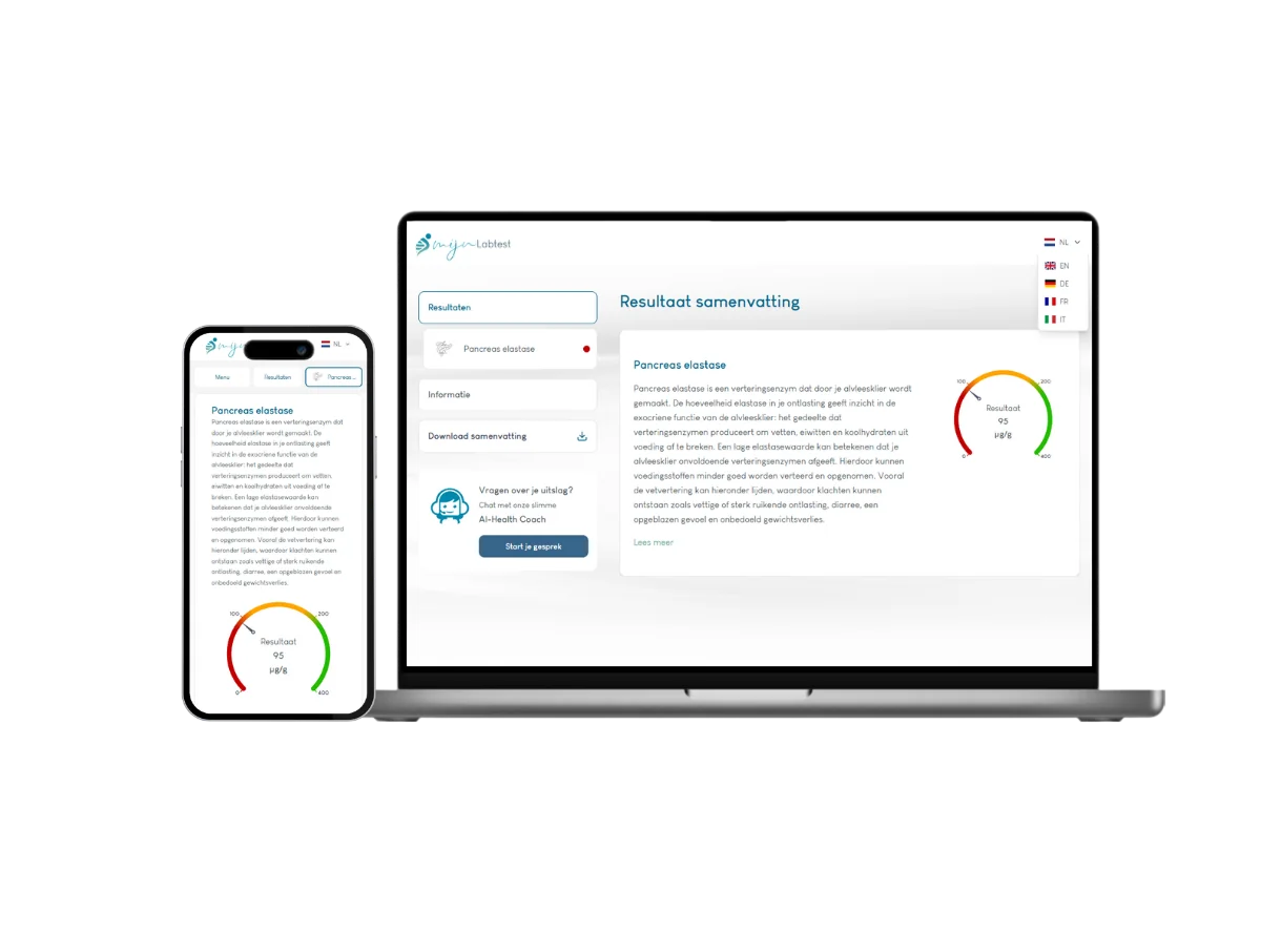 Resultaat van jouw pancreas-elastase test zowel op mobiel als laptop beschikbaar