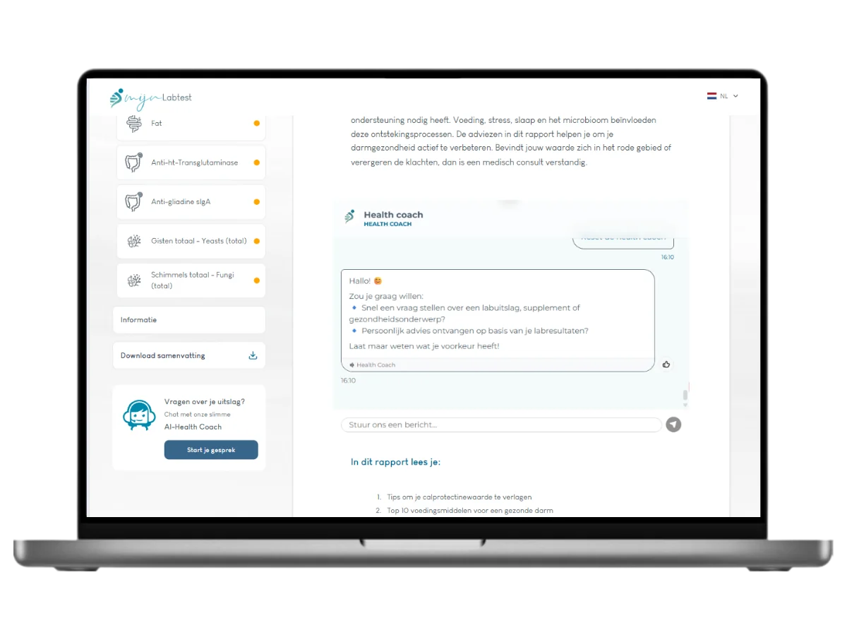 Chat met onze AI health coach die geïntegreerd is binnen jouw resultaat.