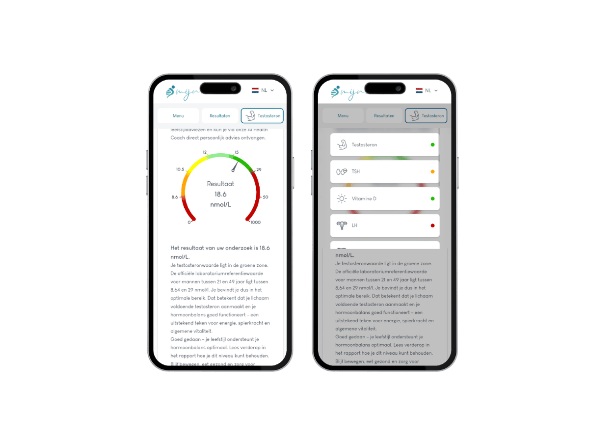 Zo ziet het resultaat van jouw Hormoon test man er uit op mobiel. Het meest complete rapport met AI integratie en leefstijl advies. Zo ziet het resultaat van jouw Hormoon test man er uit op mobiel. Het meest complete rapport met AI integratie en leefstijl advies.
