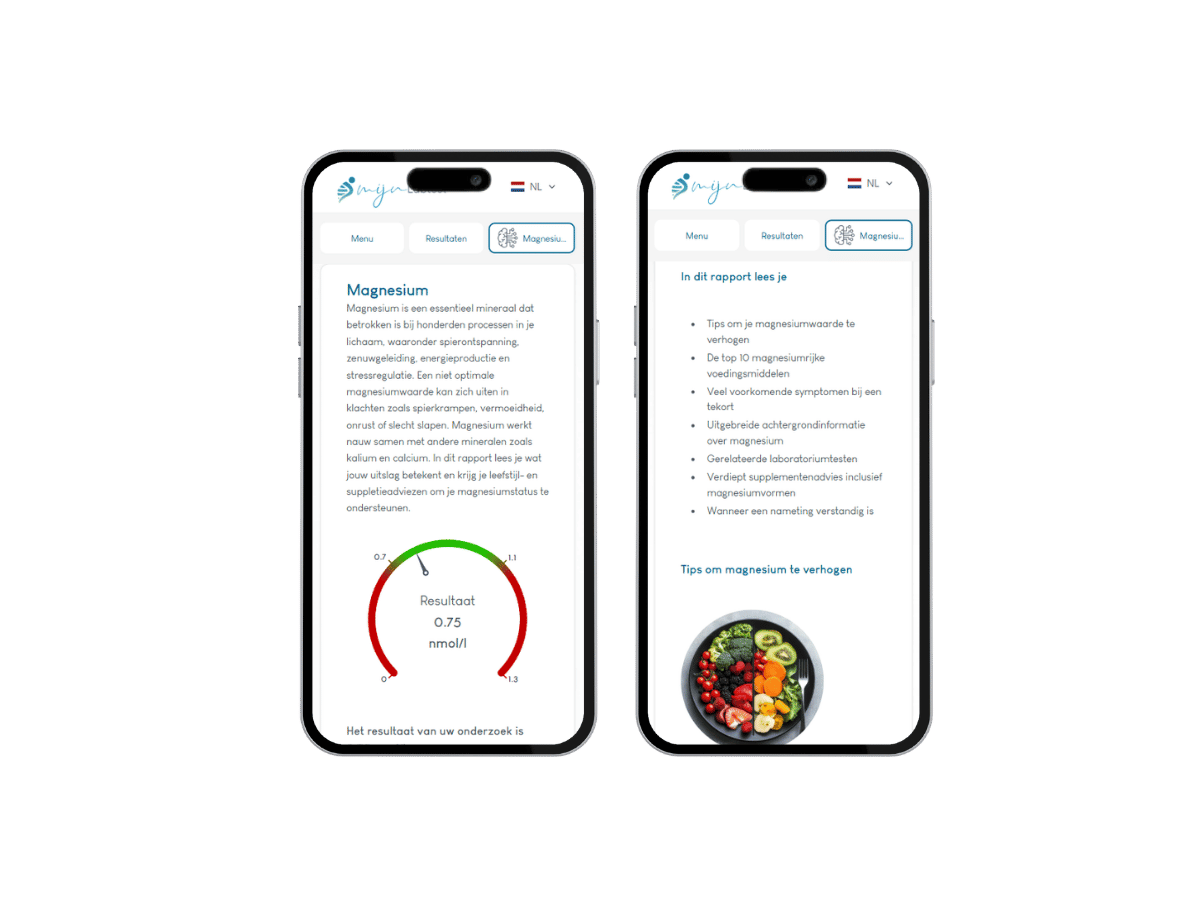 Het resultaat van de magnesium tekort test is eenvoudig af te lezen vanaf elk device. Het resultaat van de magnesium tekort test is eenvoudig af te lezen vanaf elk device.