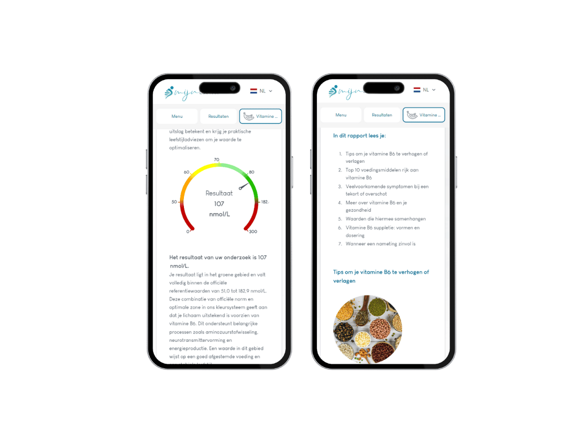 Met illustraties en uitleg over je vitamine B6 resultaat weet je precies wat dit voor jou betekent.
Met illustraties en uitleg over je vitamine B6 resultaat weet je precies wat dit voor jou betekent.