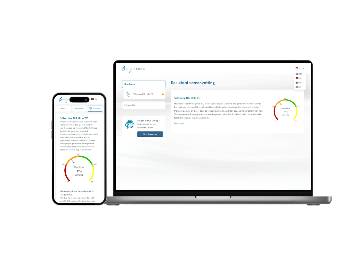 Zo ziet vit. B12 test uitslag er uit op je mobiele telefoon en op een laptop