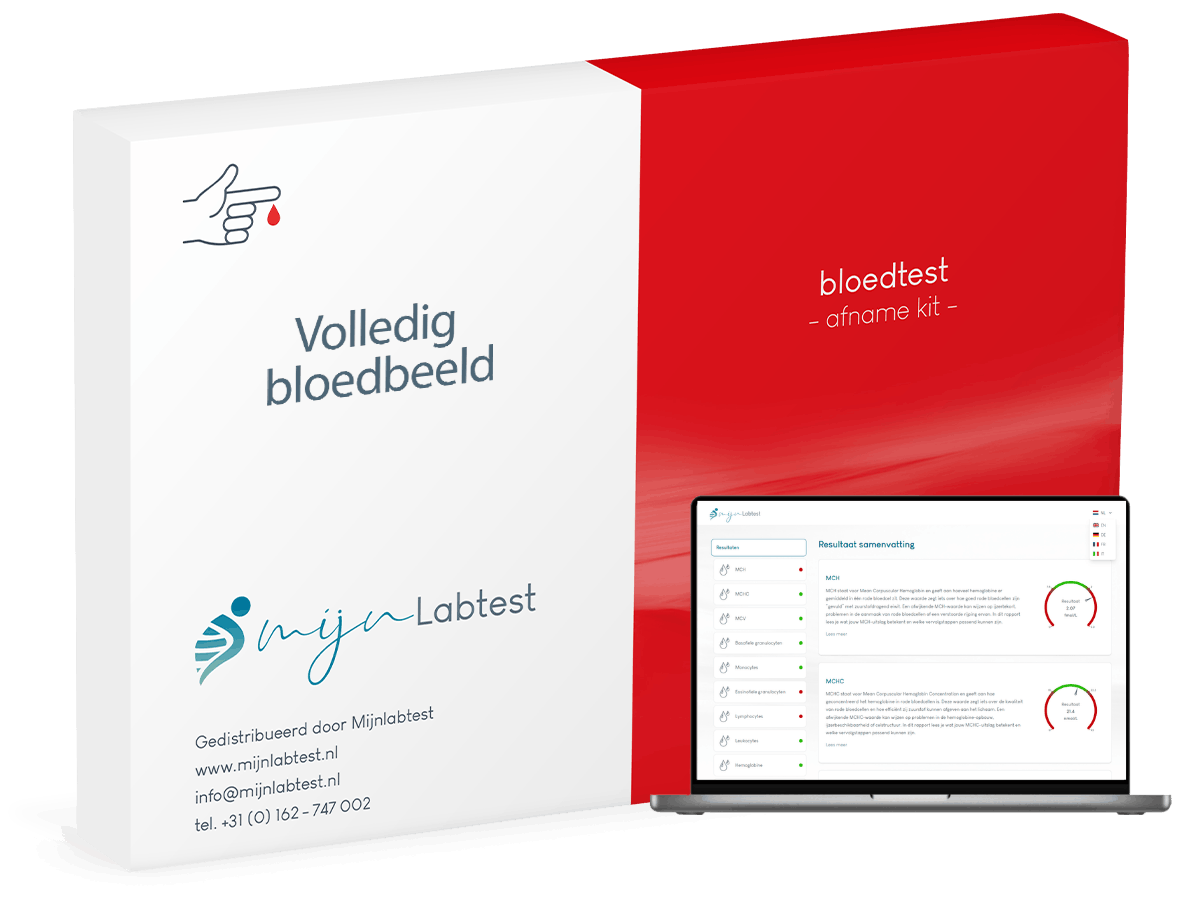 Dit is onze volledige bloedbeeld bloedtest. hiermee kun je eenvoudig zelf thuis testen of je bloedwaarden afwijken.