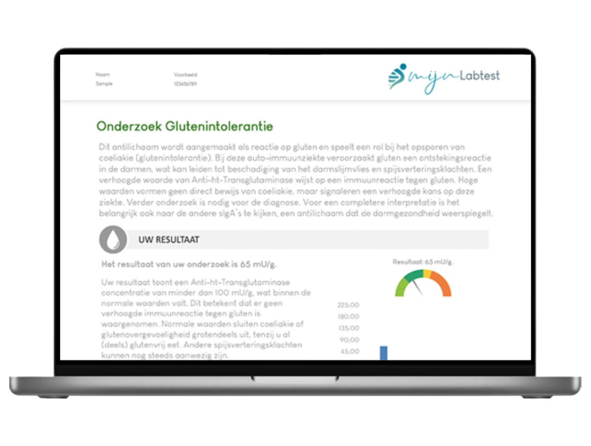 Voorbeeld van de Gluten intolerantie test uitslag op een laptop