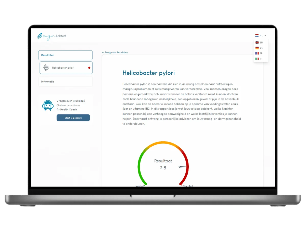 Voorbeeld van de Helicobacter pylori test uitslag op een laptop