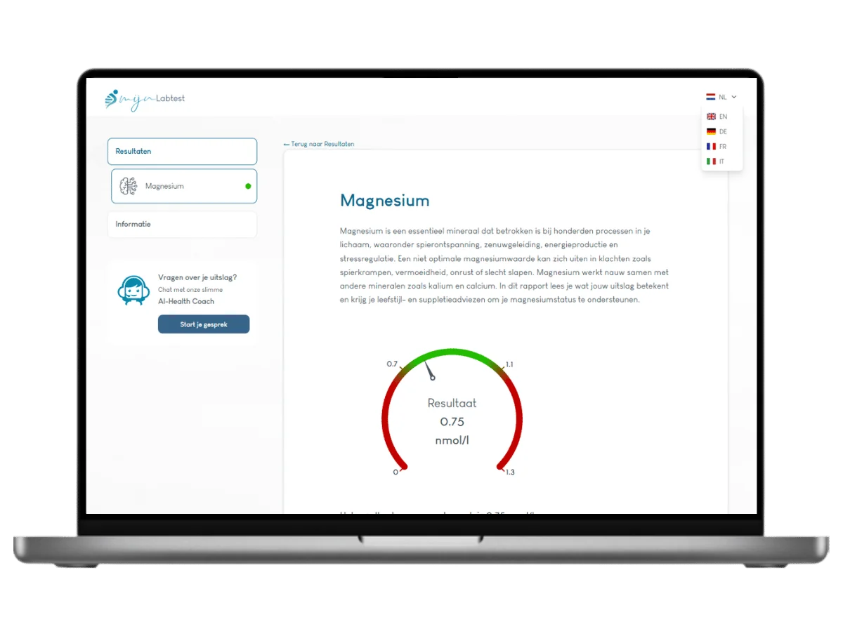 Voorbeeld van de Magnesium tekort test uitslag op een laptop
