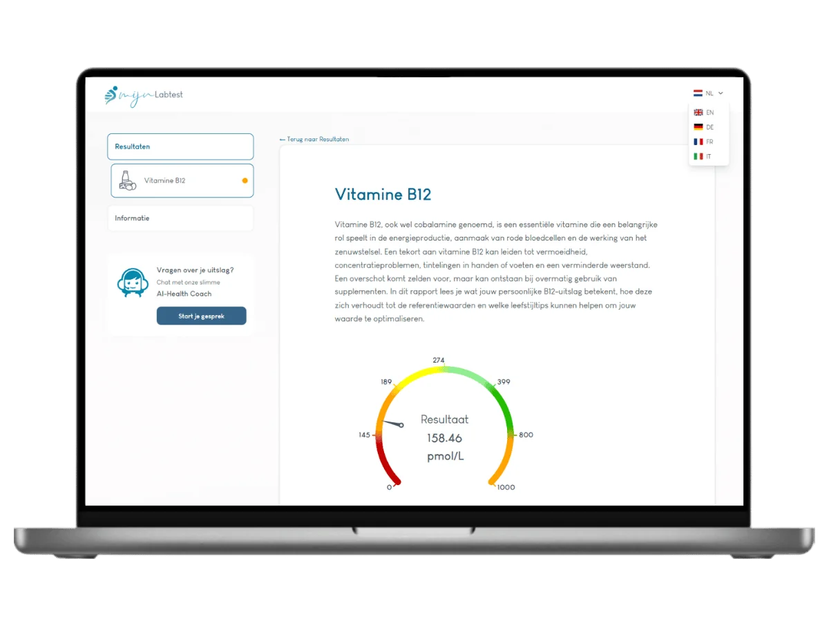 Voorbeeld van een vitamine B12 testuitslag op een laptop