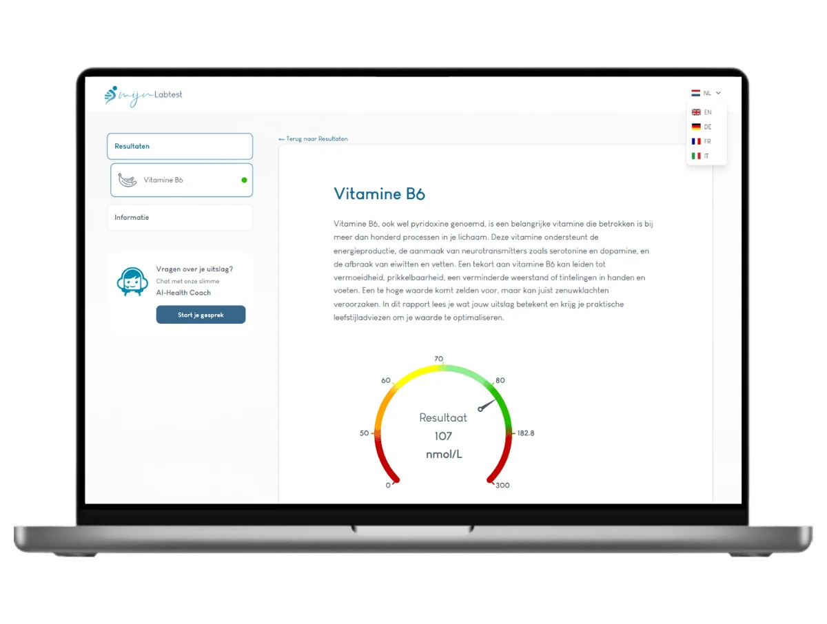 Voorbeeld van de vitamine B-test uitslag op een laptop