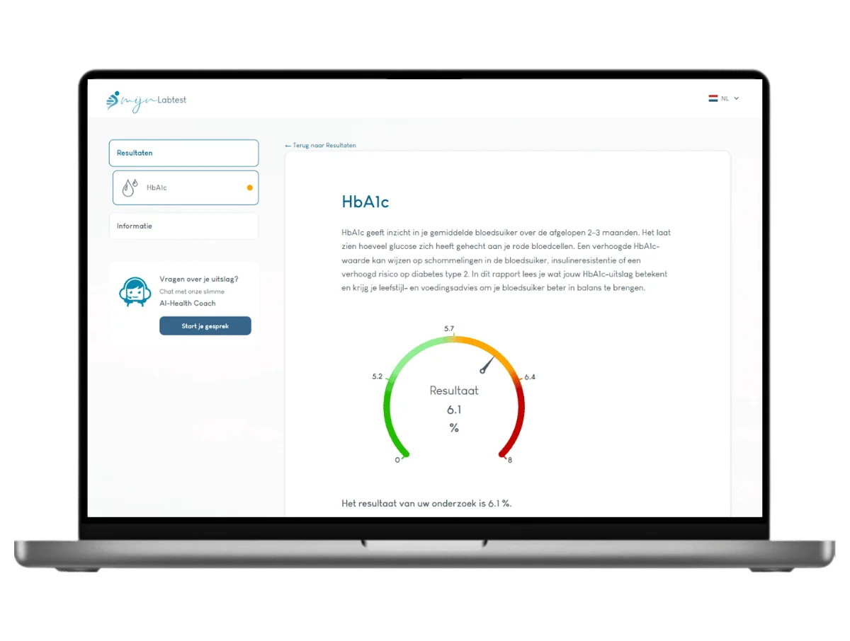 Voorbeeld van de Bloedsuiker test - HbA1c waarde uitslag op een laptop