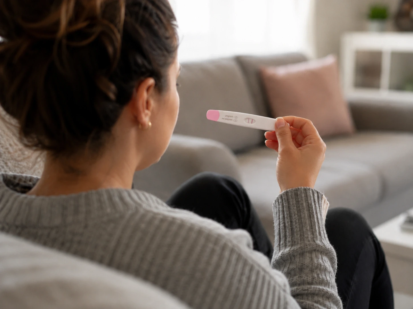 Vrouw leest thuis de uitslag van een sneltest af