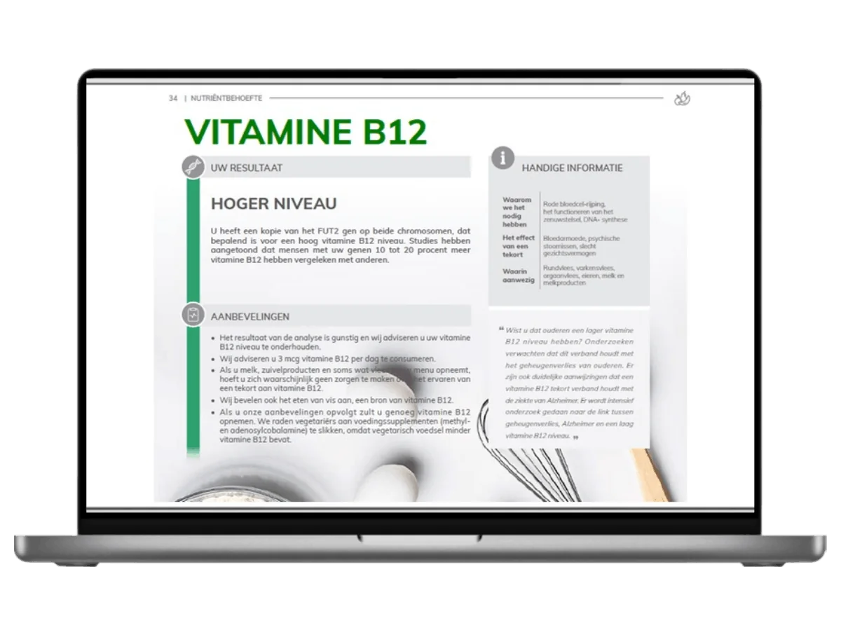Voorbeeld van de Nutri-Gene plus DNA test uitslag op een laptop