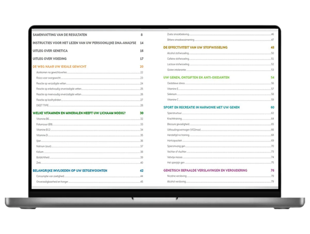Voorbeeld van de Nutri-Gene pro DNA test uitslag op een laptop