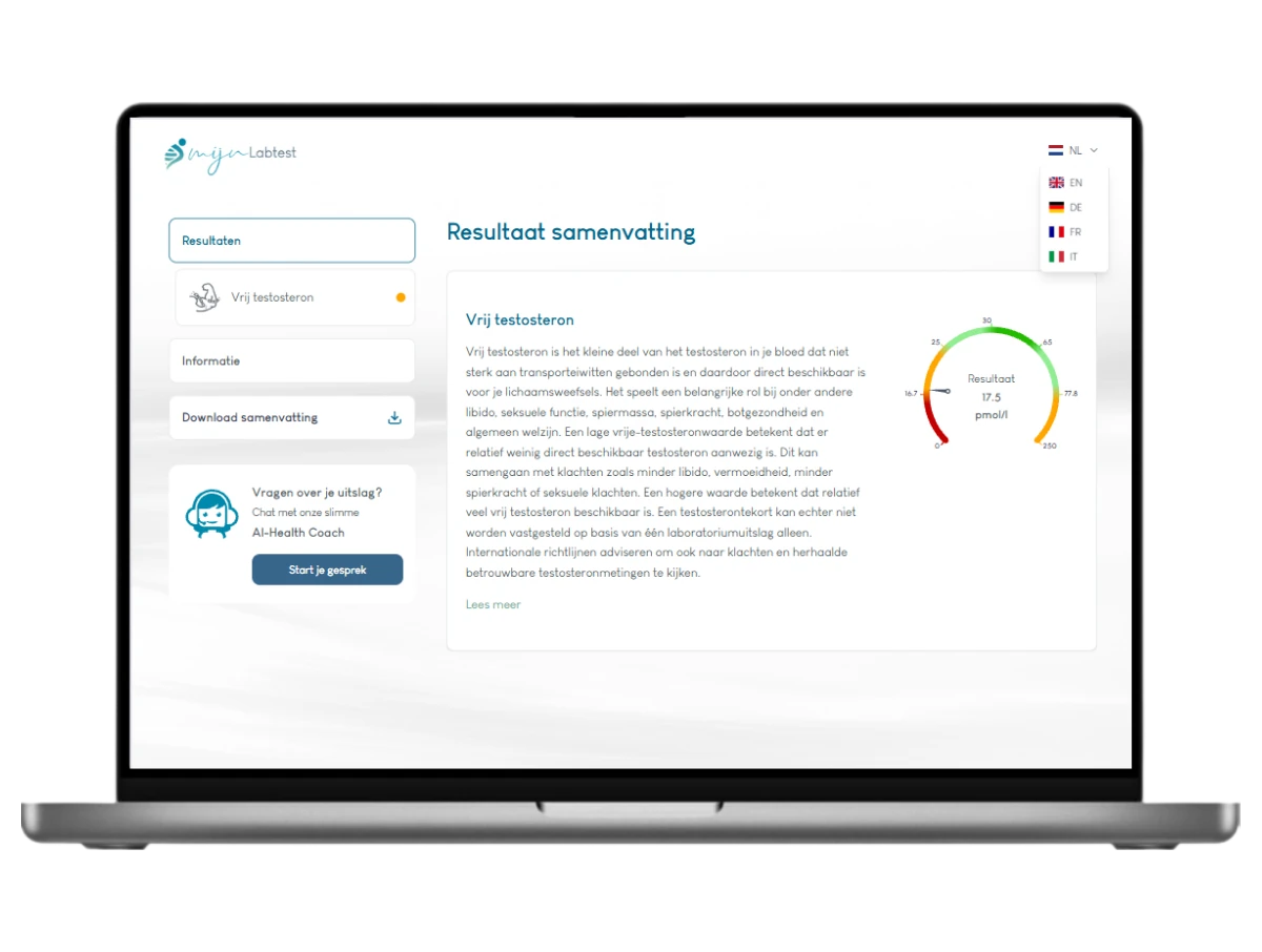 Voorbeeld van de vrij testosteron bloedtest uitslag op een laptop